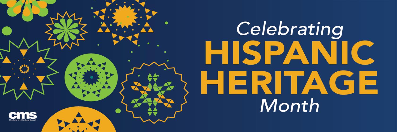 Hispanic Heritage Month banner with green and yellow patterned stars and circles